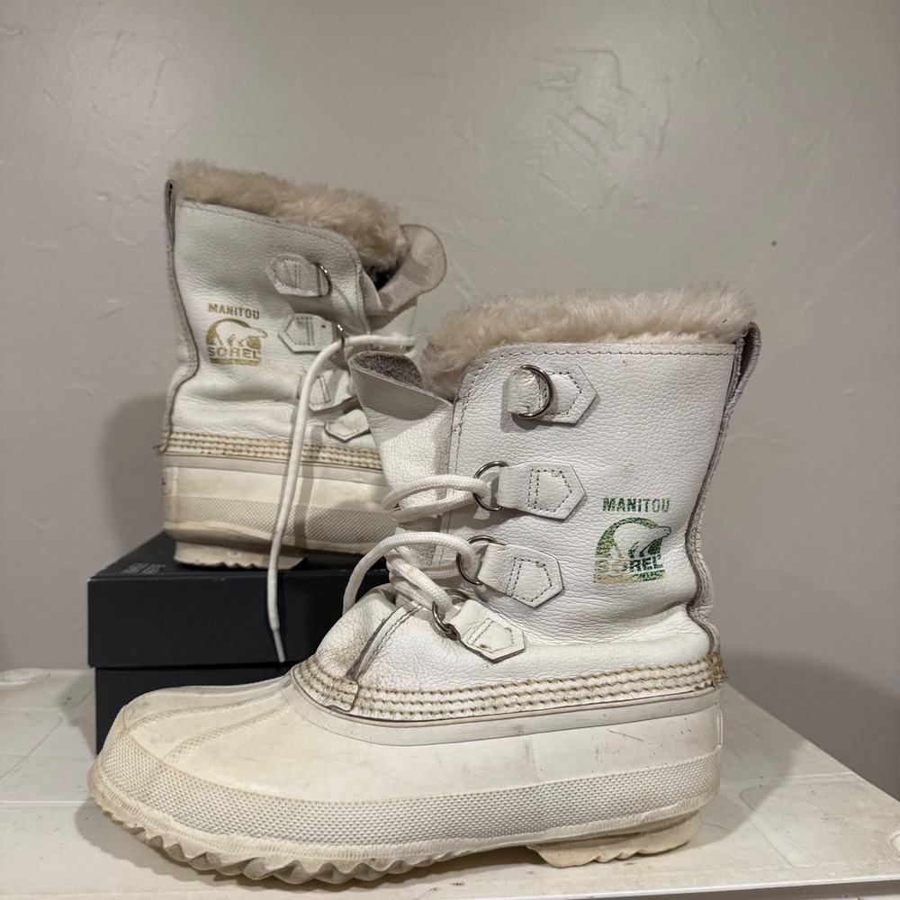 Sorel Manitou Snow Boots Womens 8 White Good Vintage Leather Faux Fur Waterproof